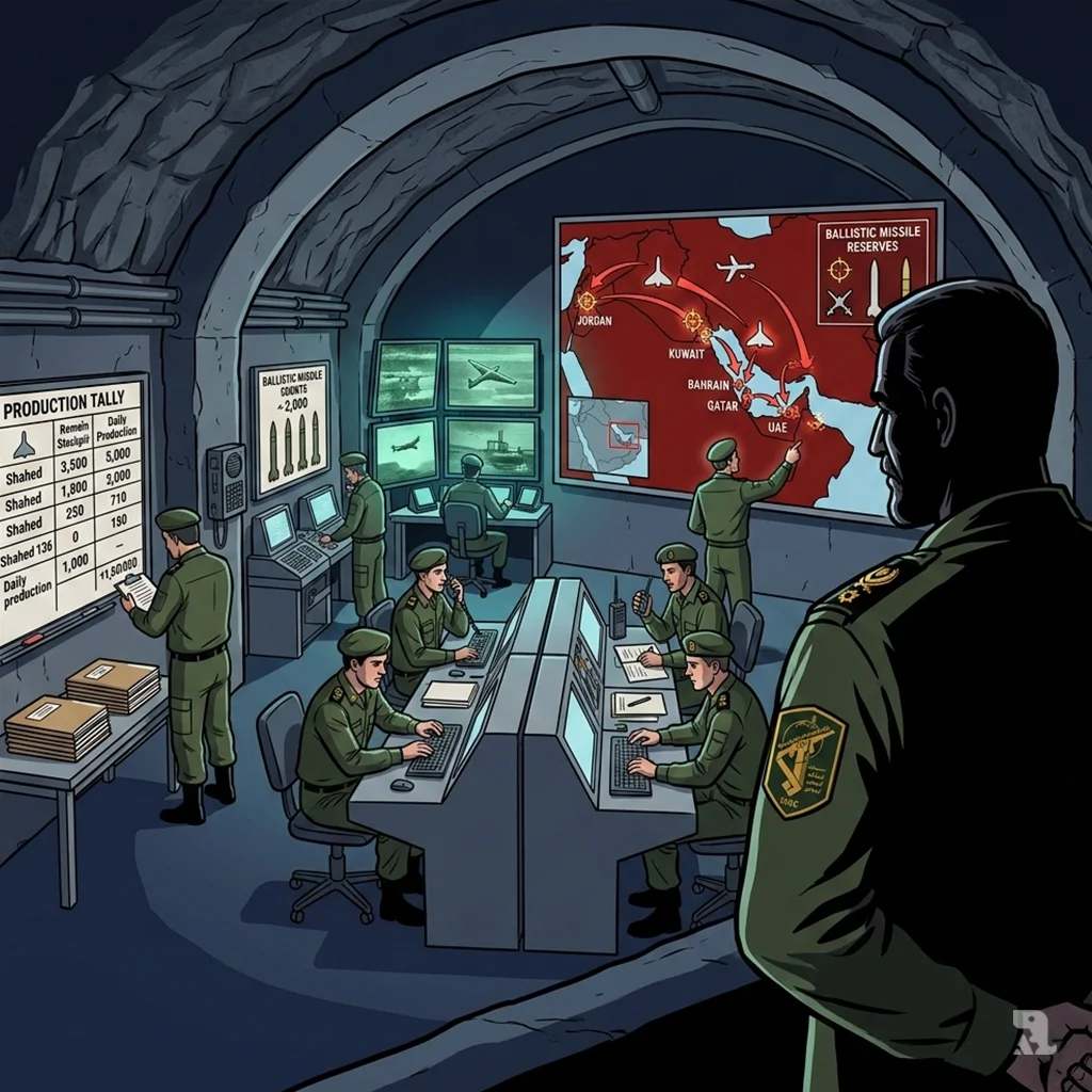 An IRGC commander oversees drone operations from an underground bunker, with a wall map displaying Iran's strategy of holding ballistic missiles in reserve.