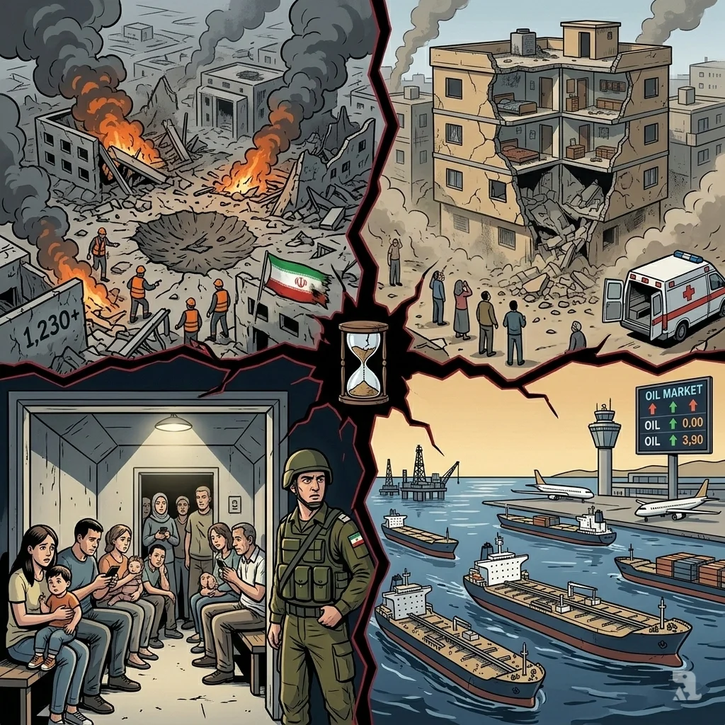 A composite image shows the war's widespread toll: destruction in Iran and Lebanon, civilians in an Israeli shelter, and stalled ships in the Gulf.