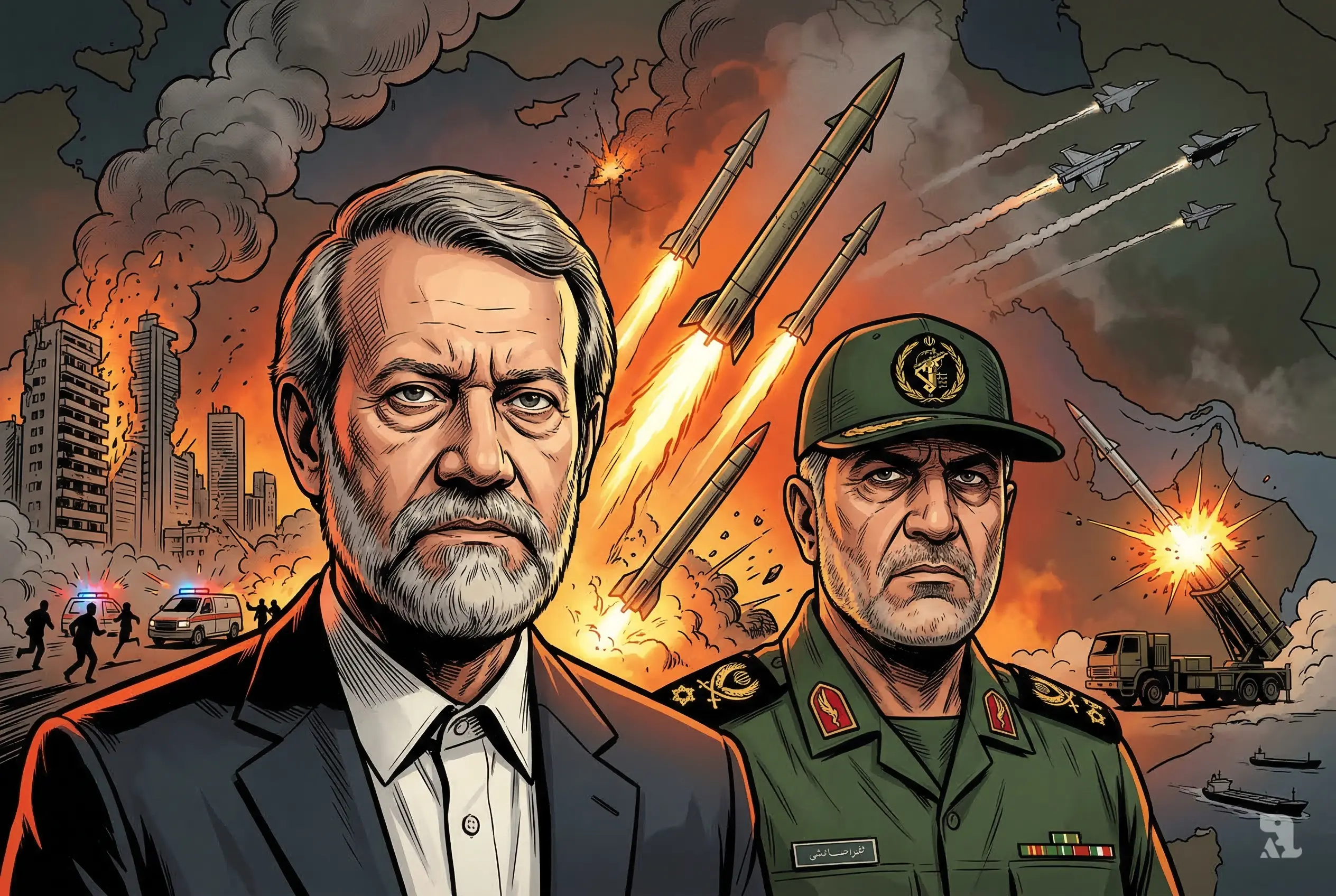 Iran leaders foreground with missiles striking Israel, explosions in cities, jets and intercept systems active, regional war chaos spreading across Middle East with smoke and destruction.