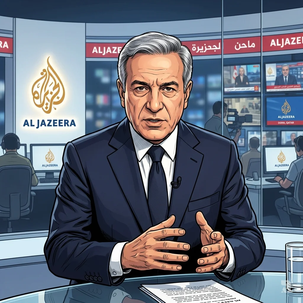 Iranian diplomat Abbas Araghchi gestures with conviction during an interview in an Al Jazeera studio, projecting calm amid the ongoing conflict.