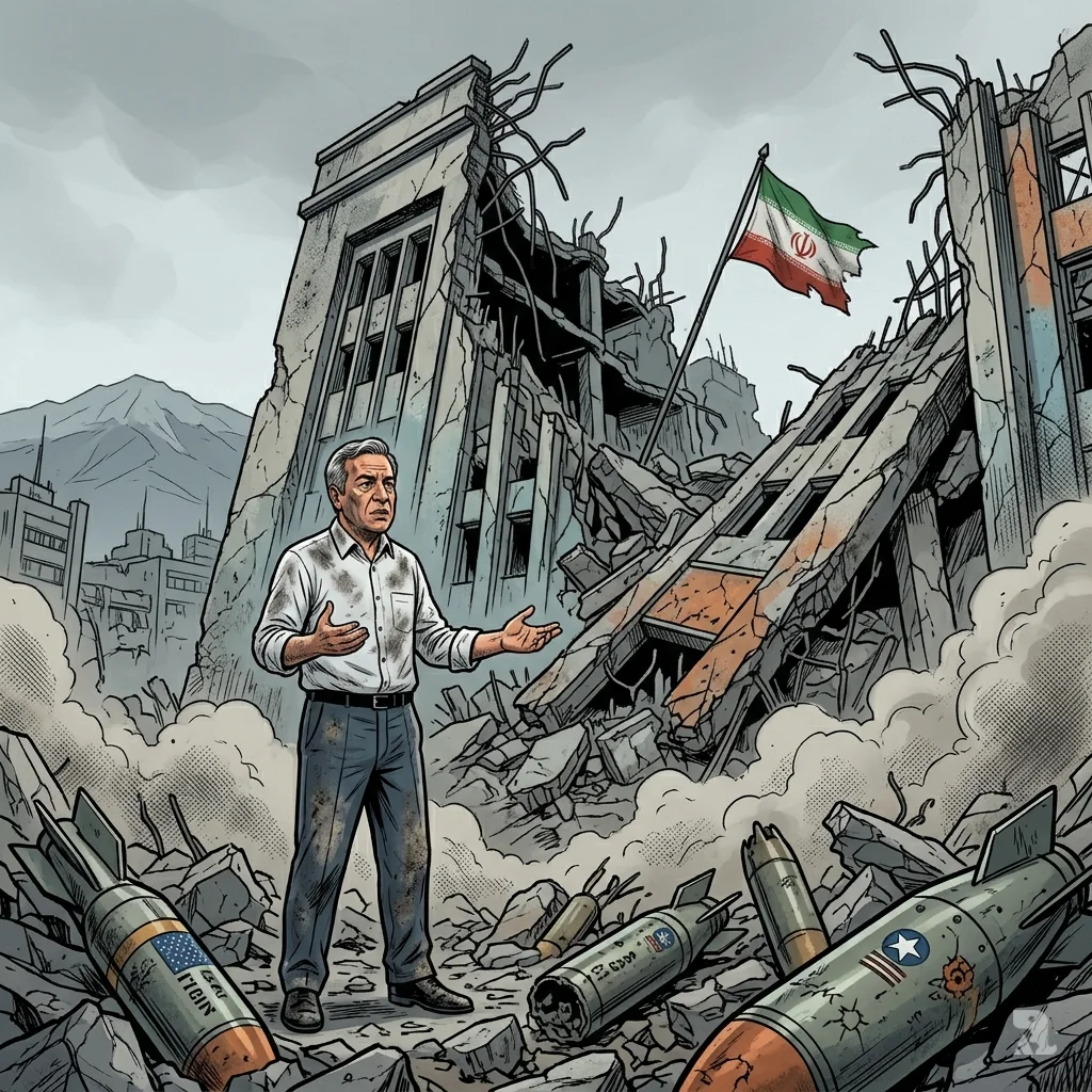 Abbas Araghchi stands amid rubble of a destroyed Tehran building, gesturing towards debris with American markings, his expression anguished.