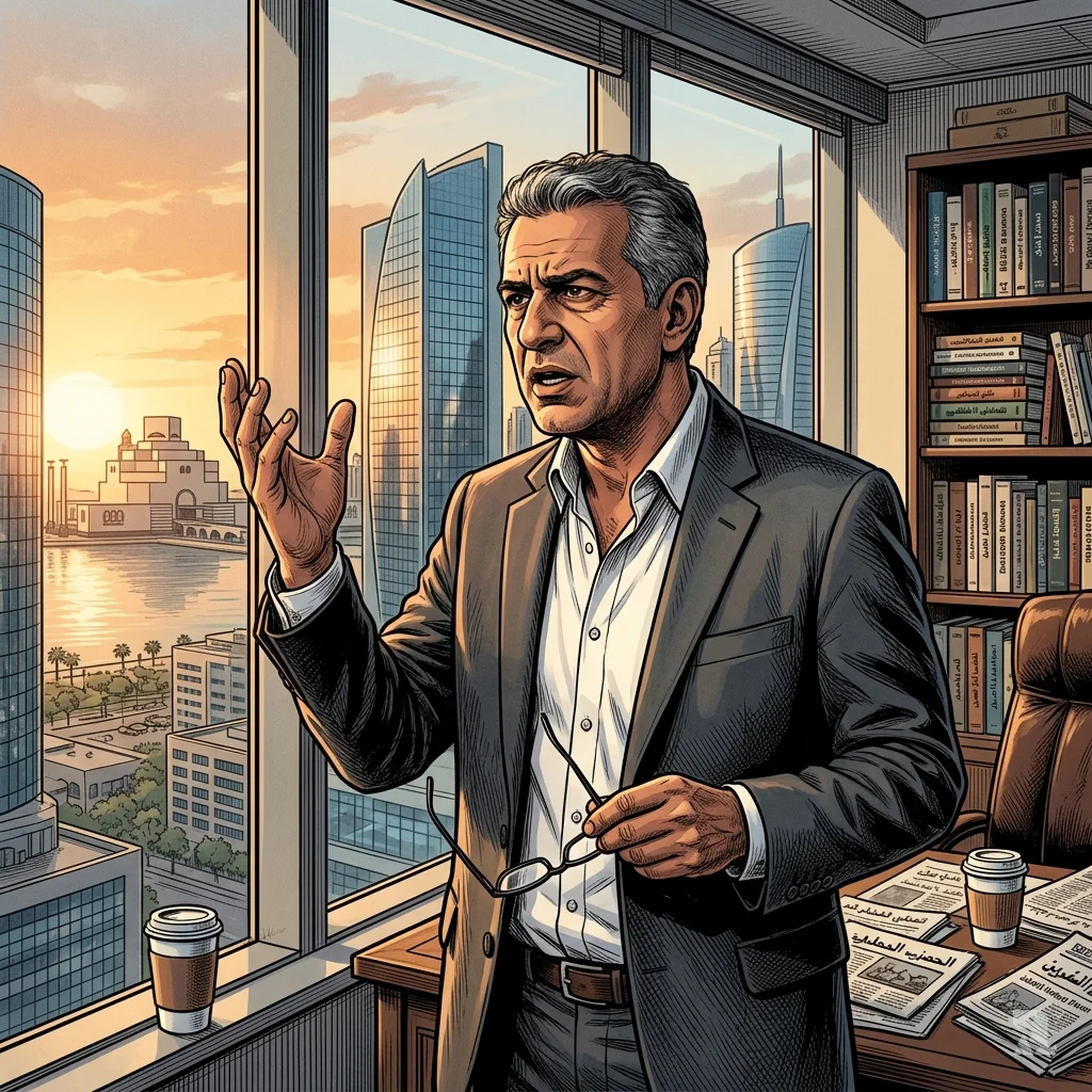 Analyst Marwan Bishara gestures emphatically by a window in Doha, his expression troubled while overlooking the city skyline at sunset.