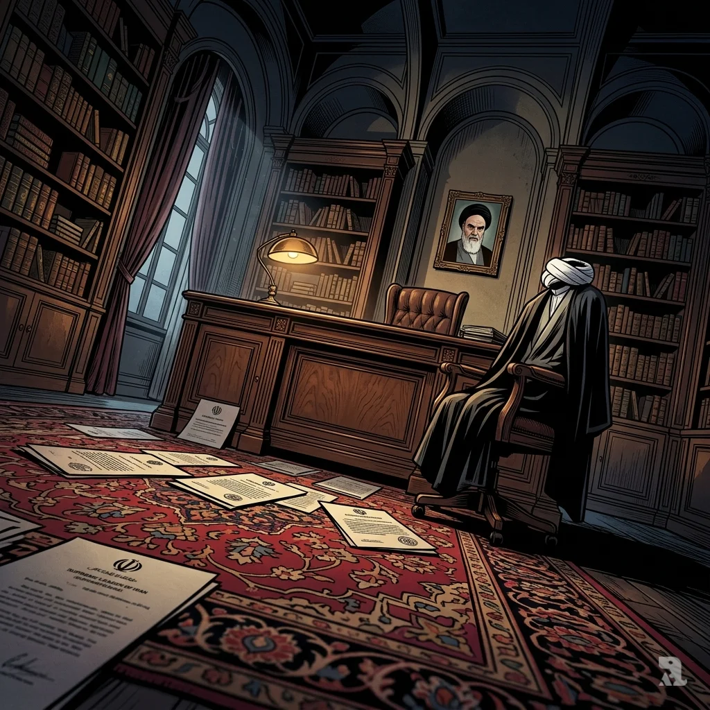 Vacant office of Iran's Supreme Leader Ayatollah Khamenei. His robes lie empty on a chair, symbolizing a power vacuum amid escalating Israel tensions.