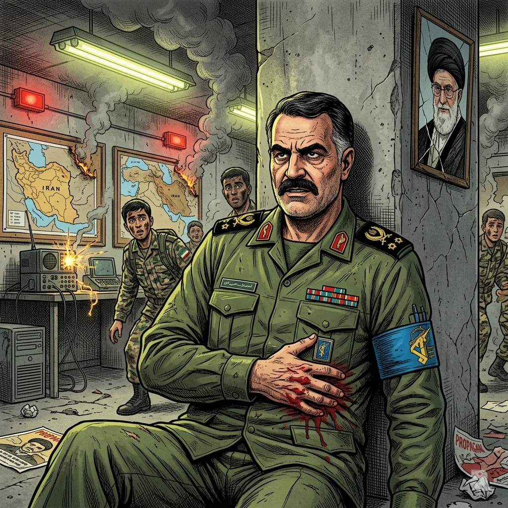 Wounded IRGC Brigadier General Gholamreza Soleimani slumps against a pillar in a damaged bunker, as young fighters react with shock around him.