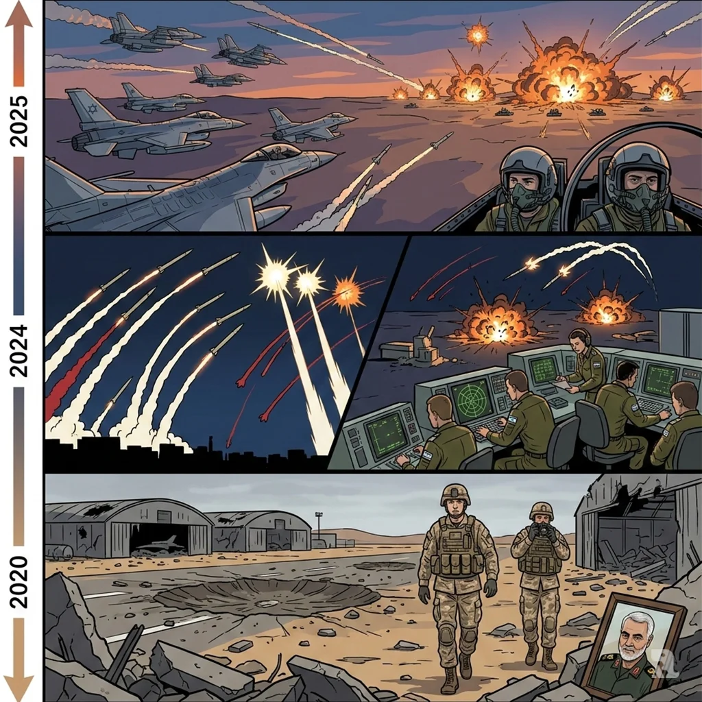 A vertical timeline depicts escalating conflicts: the 2020 Soleimani retaliation at Al Asad Airbase, the 2024 Israel-Iran exchanges, and the joint U.S.-Israel strikes in June 2025.