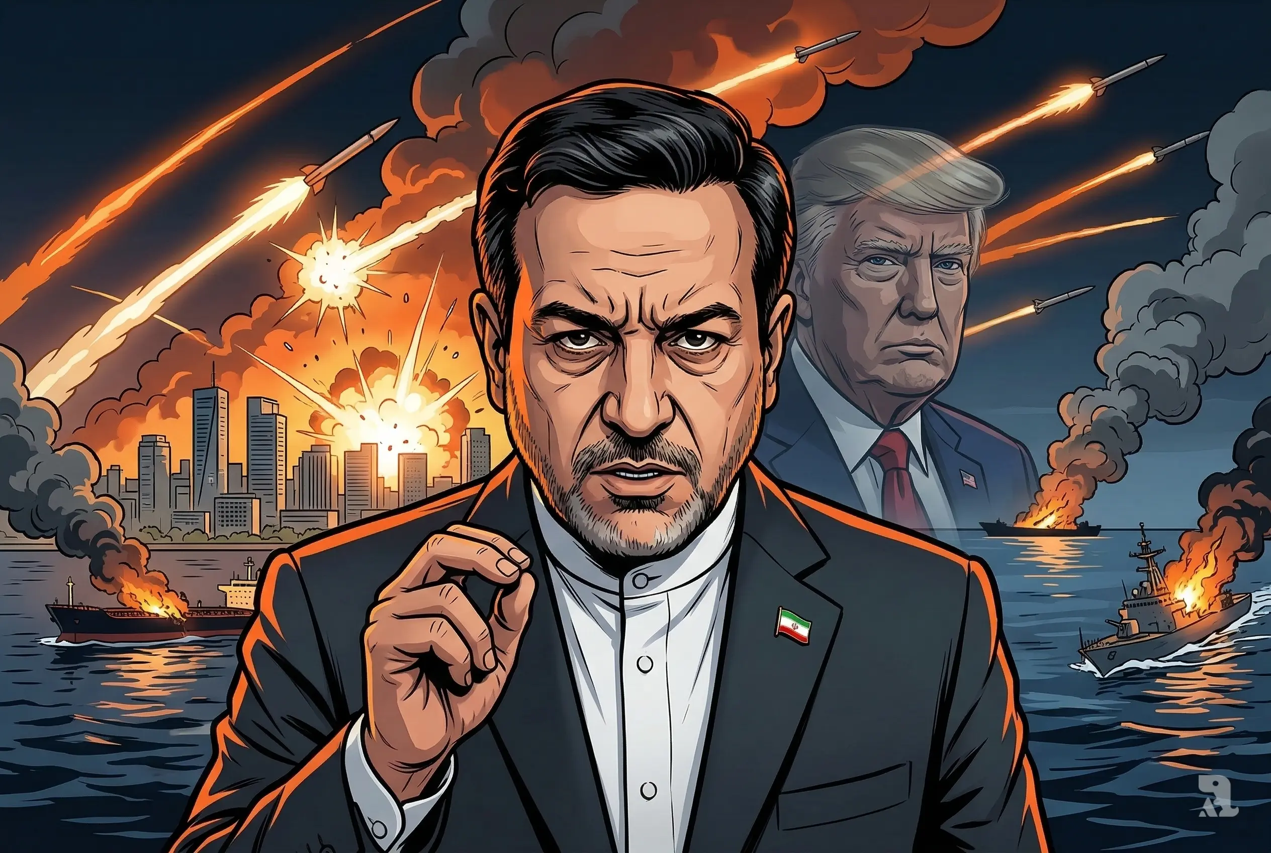 Cinematic thumbnail showing Iranian Foreign Minister Abbas Araghchi angrily speaking as missiles explode over Tel Aviv and a burning tanker and warship appear in the background symbolizing the Iran-Israel conflict escalation.