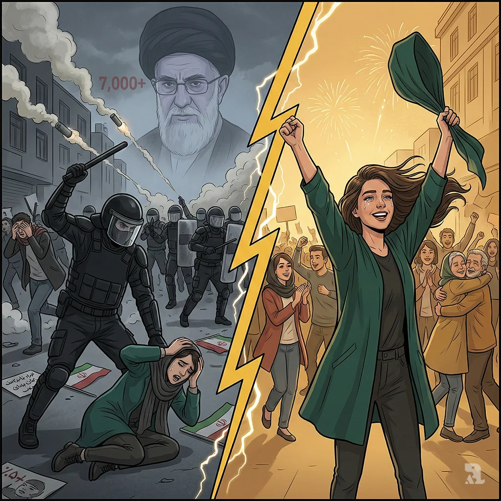 A split image contrasts past and present in Iran. The left side shows security forces beating protesters during a January crackdown ordered by Khamenei. The right side shows the same street now filled with joyous Iranians celebrating his death.