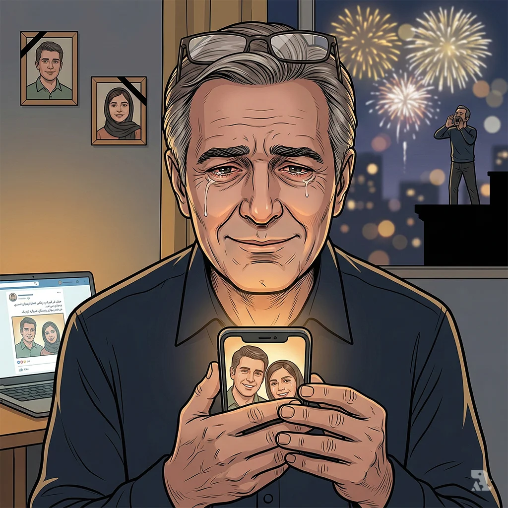 Dr. Mohsen Assadi Lari, who lost two children in the 2020 Ukrainian plane shootdown, holds a phone with their photos. His expression is bittersweet as fireworks for Khamenei's death glow outside his window.