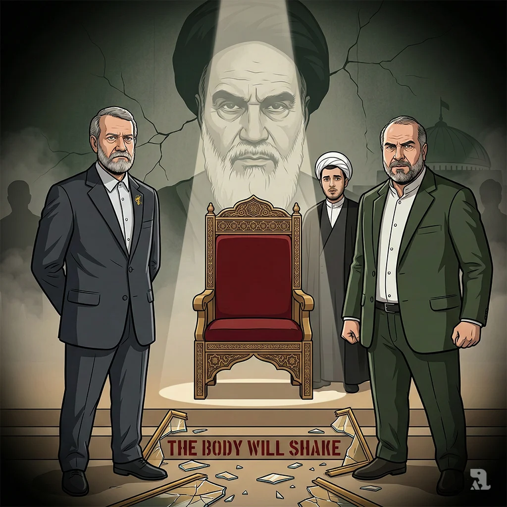 An ornate empty chair symbolizes Iran's power vacuum. Contenders Larijani and Ghalibaf stand flanking it, with a hesitant Hassan Khomeini in the background, all beneath a ghostly mural of Ayatollah Khomeini.