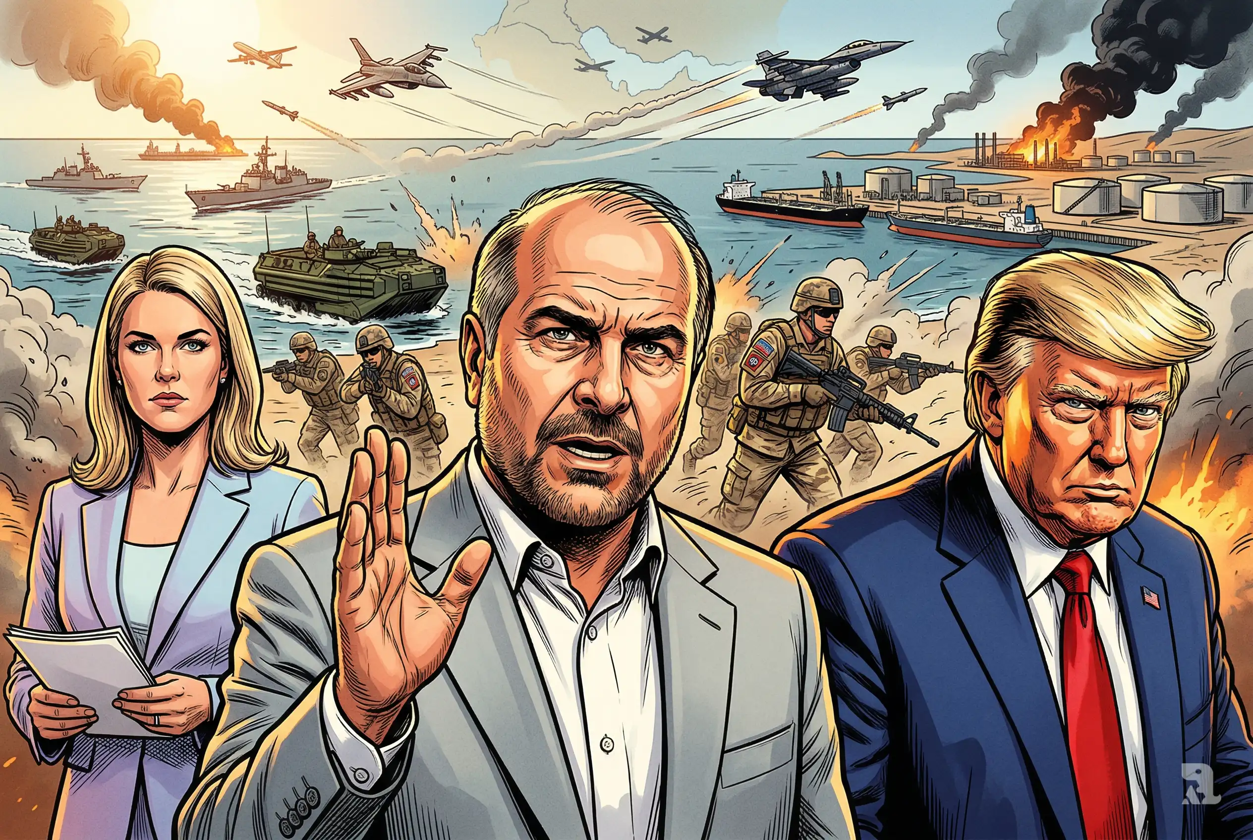 Iranian leader Ghalibaf issues warning as Trump and White House stand amid Gulf military buildup, with Kharg Island, warships, and soldiers signaling escalating regional conflict.