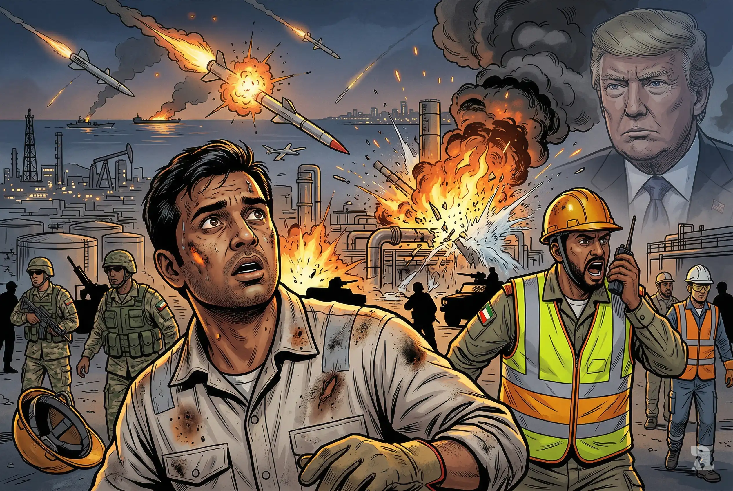 Indian worker and emergency responder react as missiles strike Kuwait power plant, explosions and drones filling sky, symbolizing escalating Iran-US conflict and regional destruction.