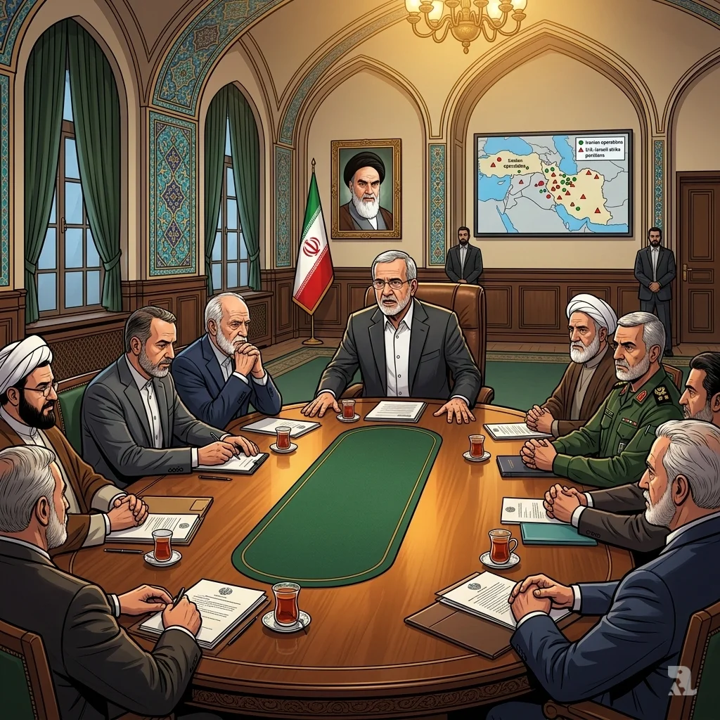 President Masoud Pezeshkian presides over Iran's temporary leadership council in an urgent meeting. Senior officials and military leaders deliberate the next strategic move.