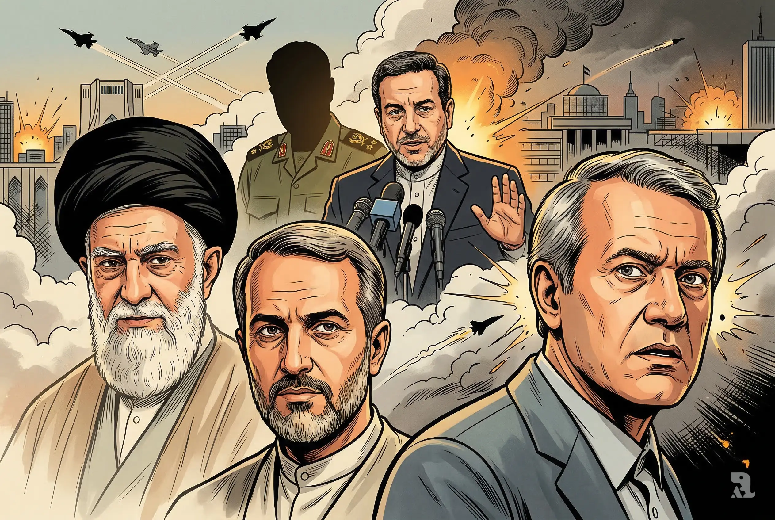 Iran leadership crisis illustration showing Khamenei, Mojtaba Khamenei, and Larijani with explosions over Tehran, jets overhead, and Araghchi addressing media amid rising conflict tension.