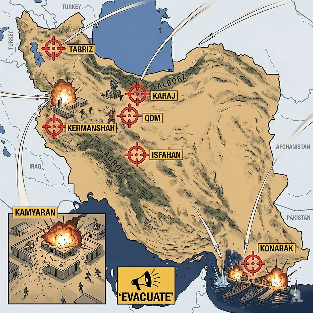 Strategic military map of Iran showing crosshair targets and explosion vignettes at multiple cities including Isfahan, Tabriz, and Konarak. Missile trajectories converge on IRGC bases and military installations hit during the coordinated strikes.