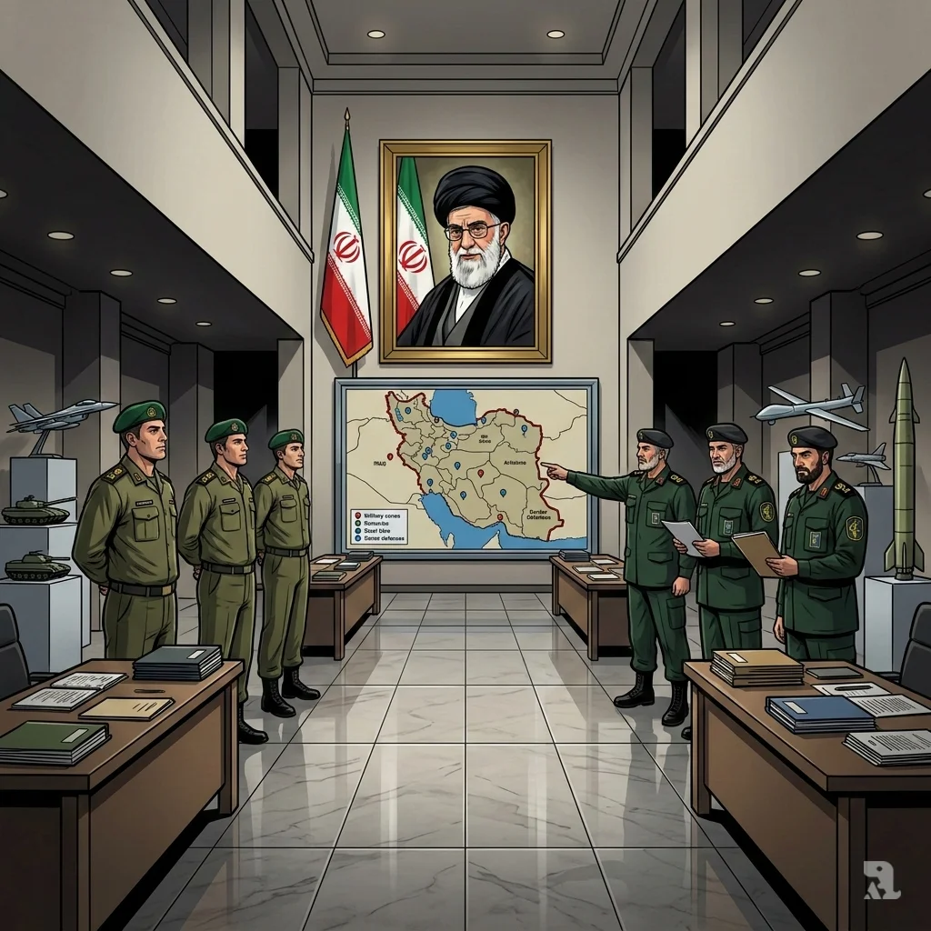 Inside an Iranian military command hall, Artesh and IRGC officers stand on either side of a large portrait of Ayatollah Khamenei, symbolizing Iran's dual-army structure under one leader.