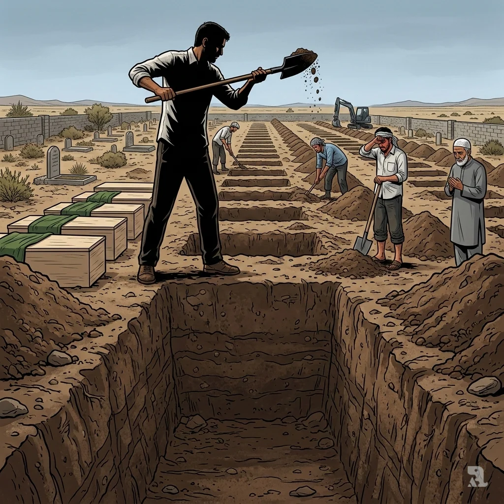 Workmen dig rows of graves at a cemetery five miles from the destroyed school. Verified footage shows the methodical preparation of dozens of plots, many child-sized.