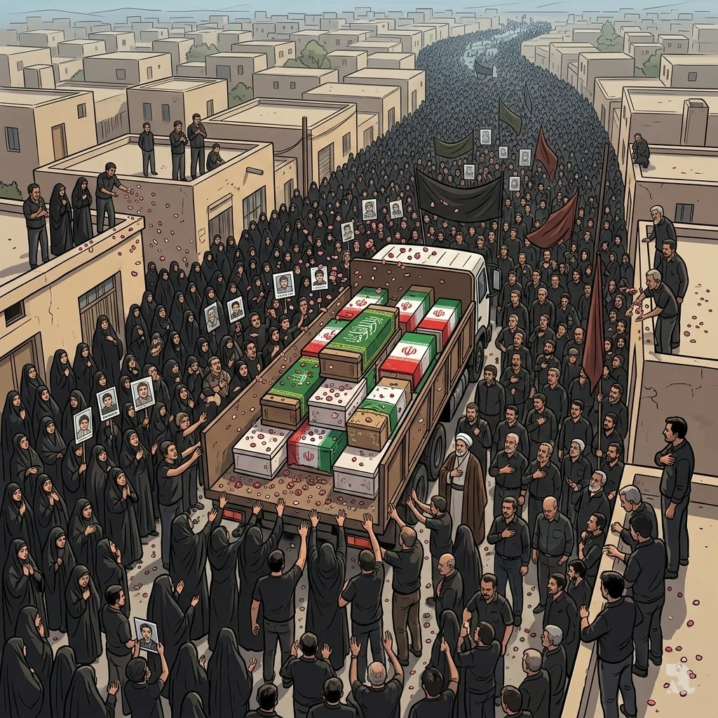 Thousands of mourners fill the streets of Minab for a funeral. A truck carrying the coffins of victims moves through the crowd as people wail and shower the caskets with rose petals.