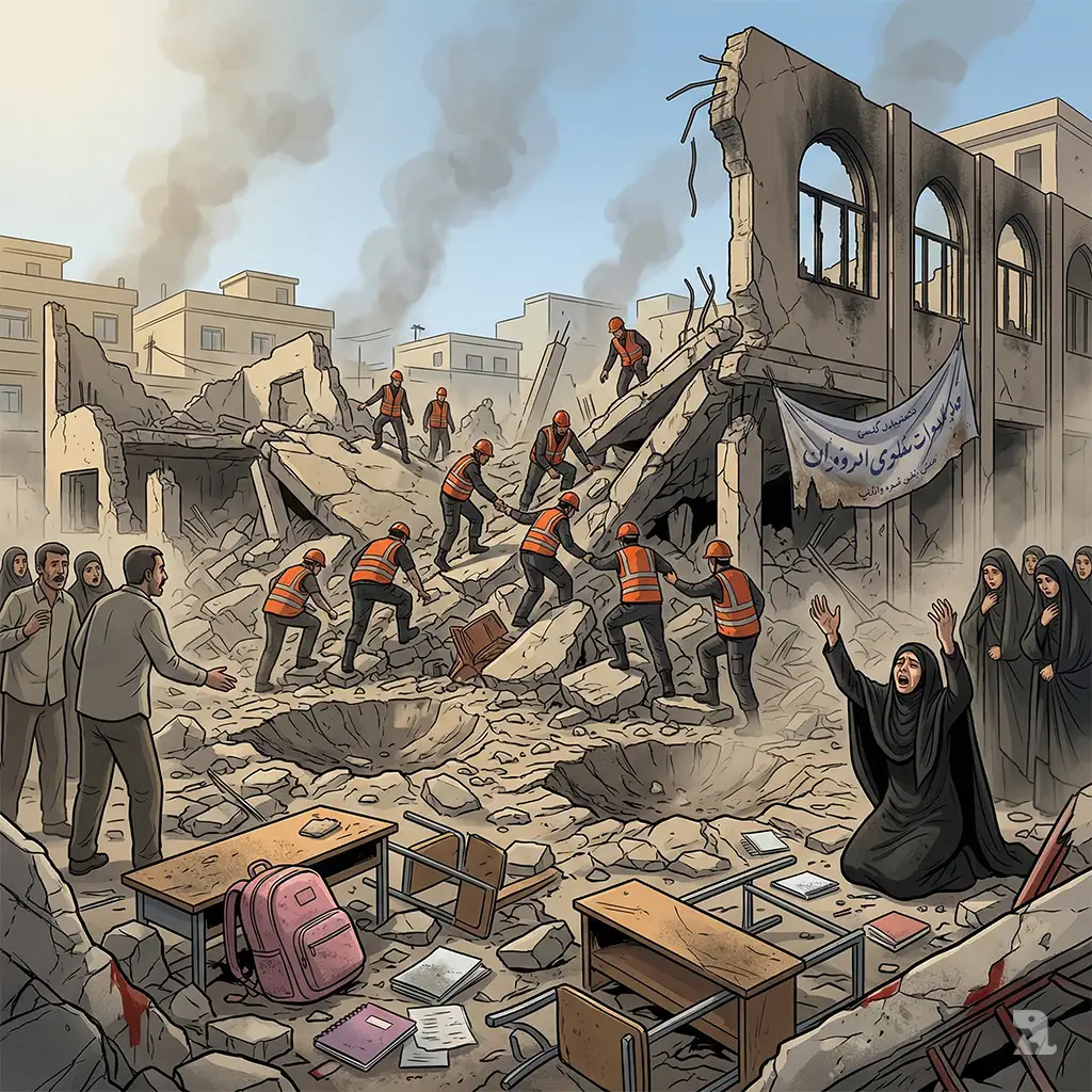 Rescue workers in orange vests dig through rubble of a destroyed girls' school in Minab, Iran. Grieving civilians, including a woman in a black chador, stand amidst scattered school items and debris after a missile strike killed 85 people.