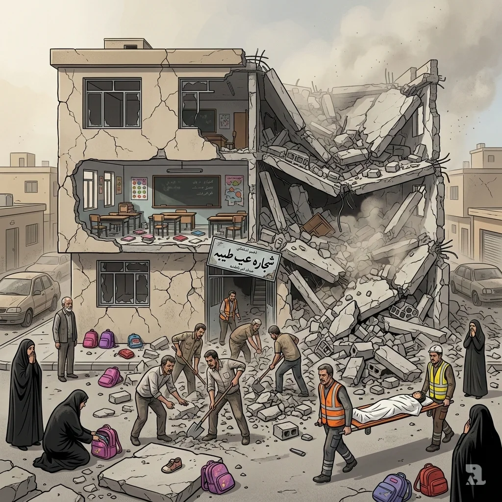 An airstrike destroyed the Shajarah Tayyebeh girls' school in Minab, Iran, killing 175. Rescuers dig through the rubble of the collapsed two-story building.