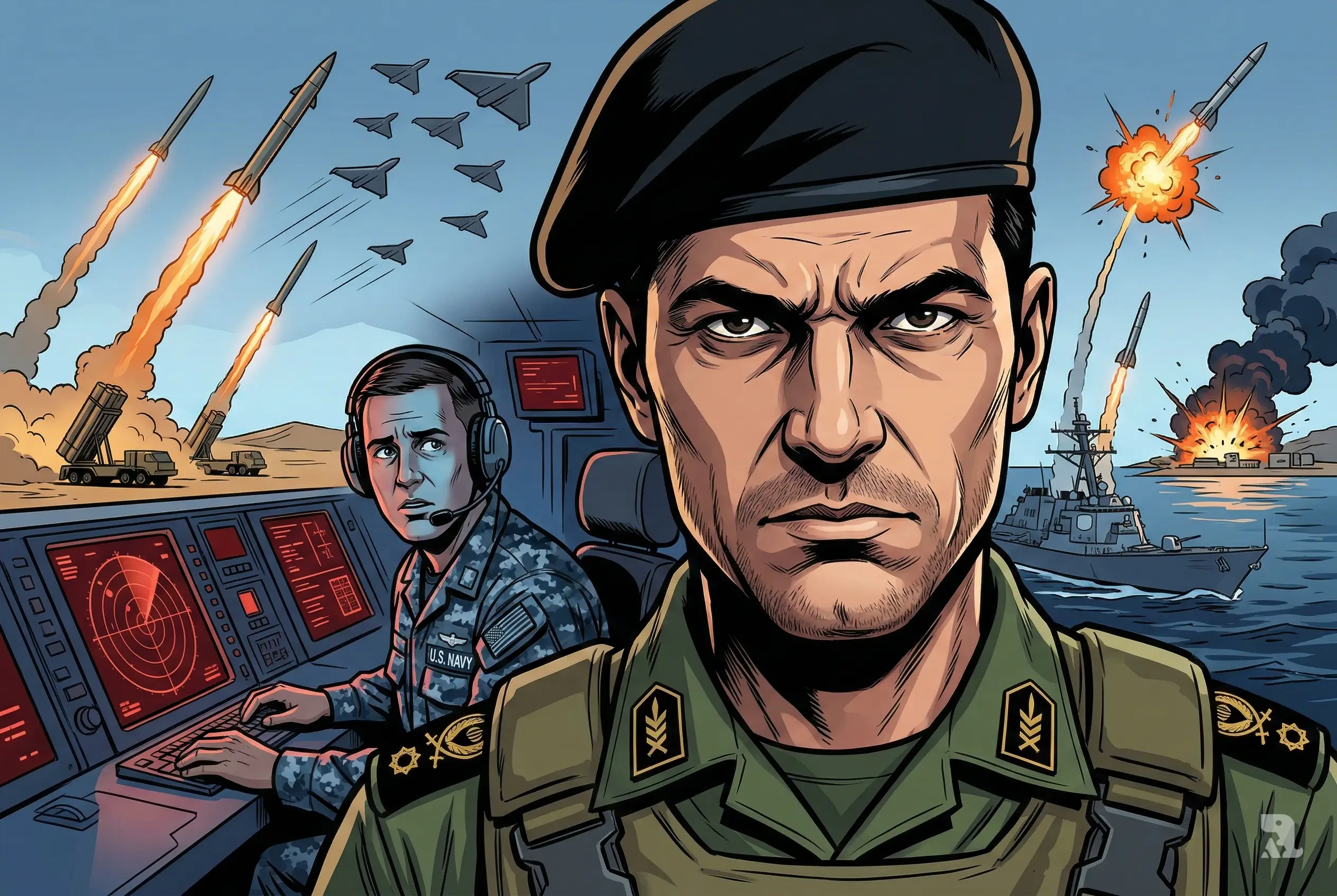 Close-up cinematic thumbnail showing an Iranian commander with missiles and drone swarm launching while U.S. interceptors explode in the sky during a Middle East conflict.