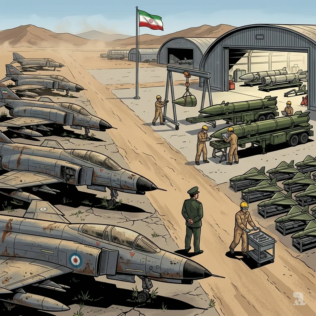 Decaying Iranian fighter jets sit abandoned in the foreground while an active missile and drone production facility operates in the background, symbolizing a strategic military shift due to sanctions.