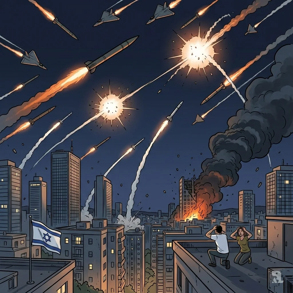 Night sky over Tel Aviv filled with Iranian missiles and drones. Iron Dome interceptors create bright flashes as civilians on a rooftop crouch in fear.