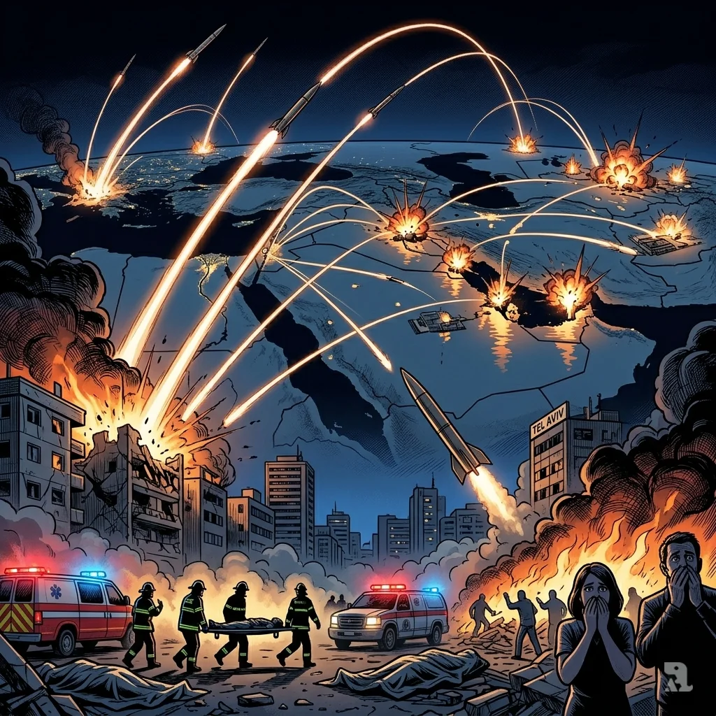Night sky filled with missile trails over the Middle East, with foreground damage and covered bodies in Tel Aviv showing the scale of retaliation.