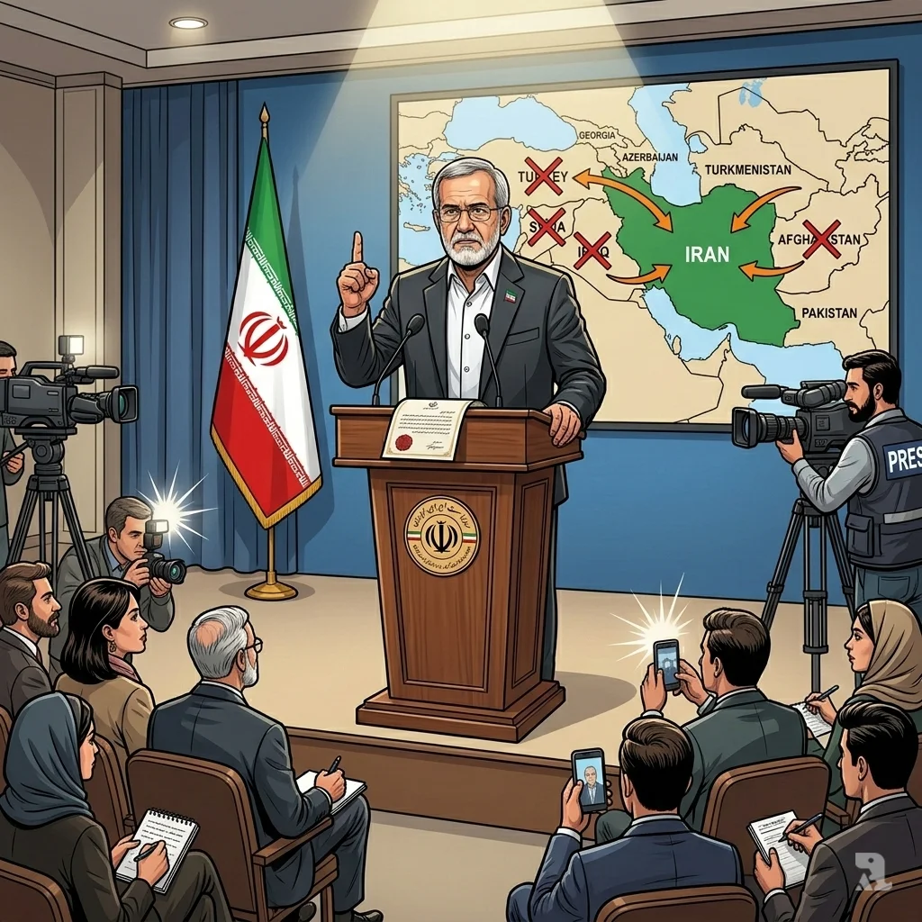 President Pezeshkian at a press briefing, raising his finger to declare the conditional suspension. A regional map behind him shows the warning to neighboring countries.