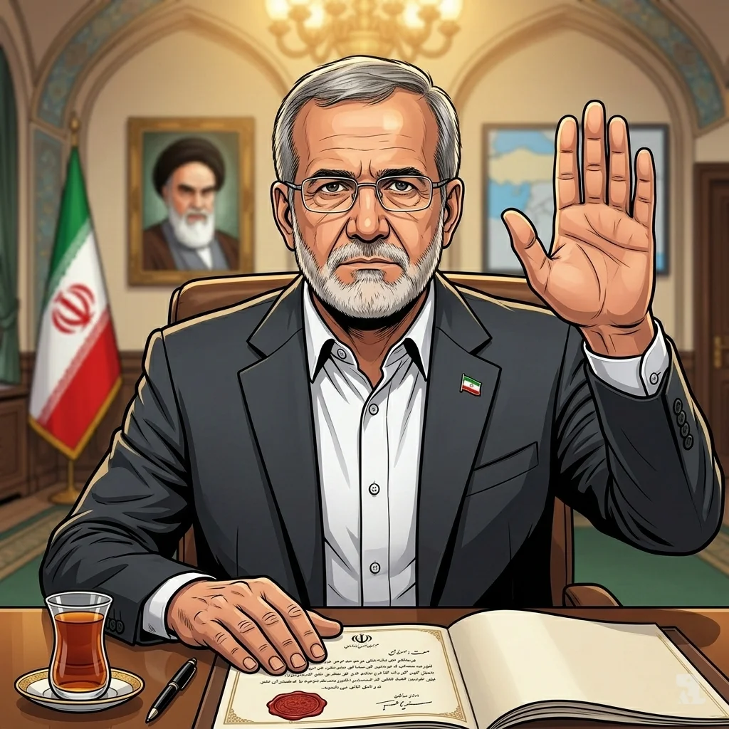 Close-up of President Pezeshkian raising his hand in approval. His left hand rests on an official document with a red seal, signaling the council's decision.