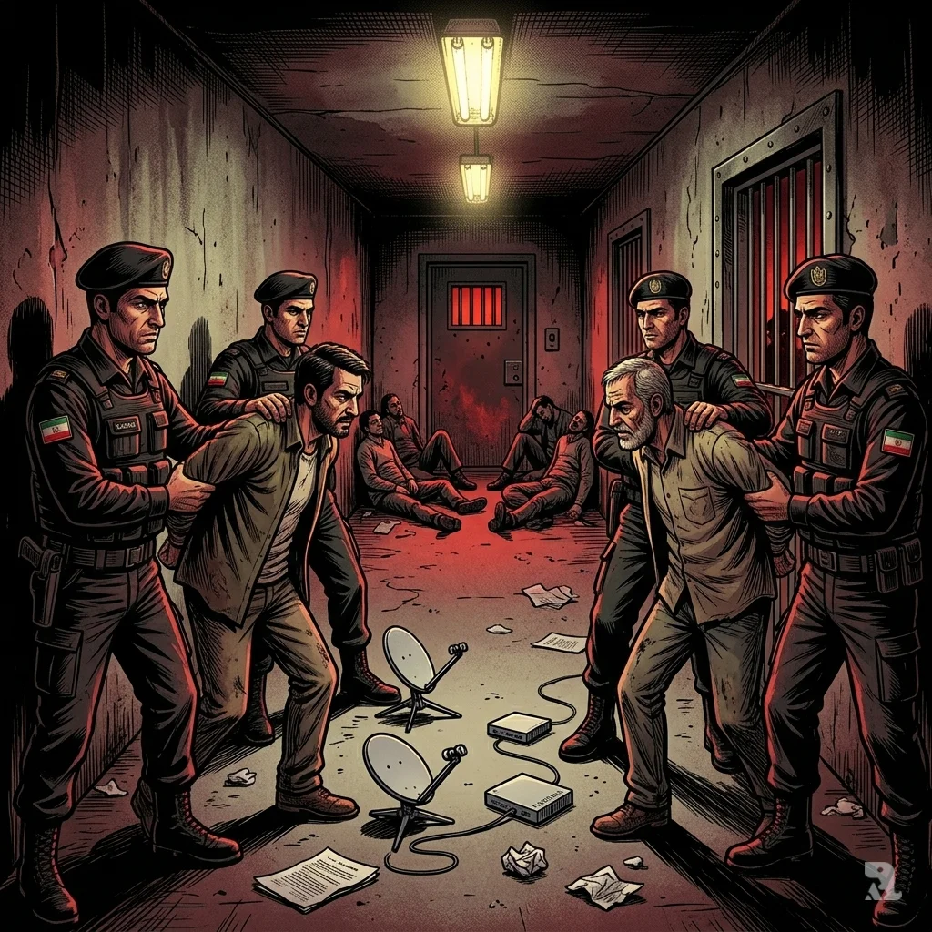 Iranian security forces arrest civilians in a Tehran prison corridor during a total internet blackout, with detainees showing defiance.