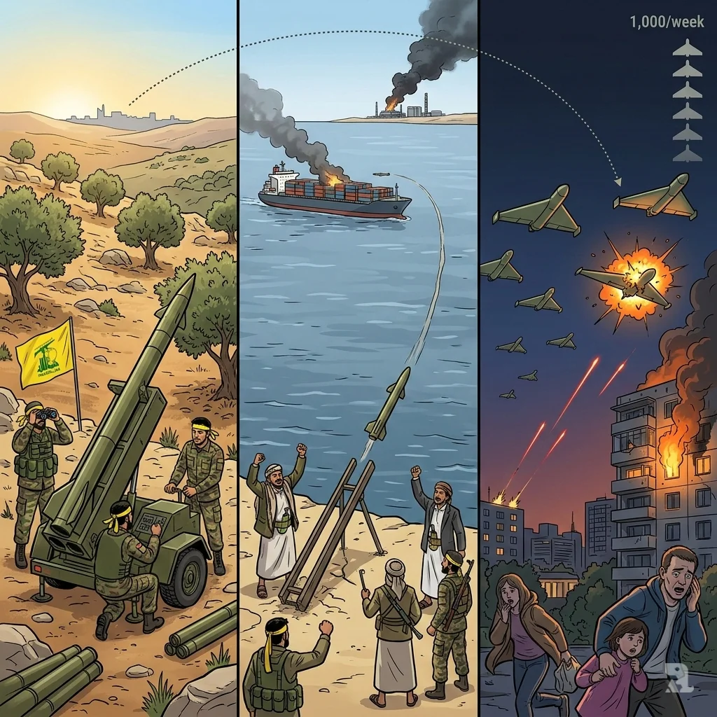 A triptych shows Hezbollah fighters in Lebanon, Houthi rebels attacking a Red Sea ship, and Russian forces launching Shahed drones in Ukraine, illustrating Iran's global proxy network.