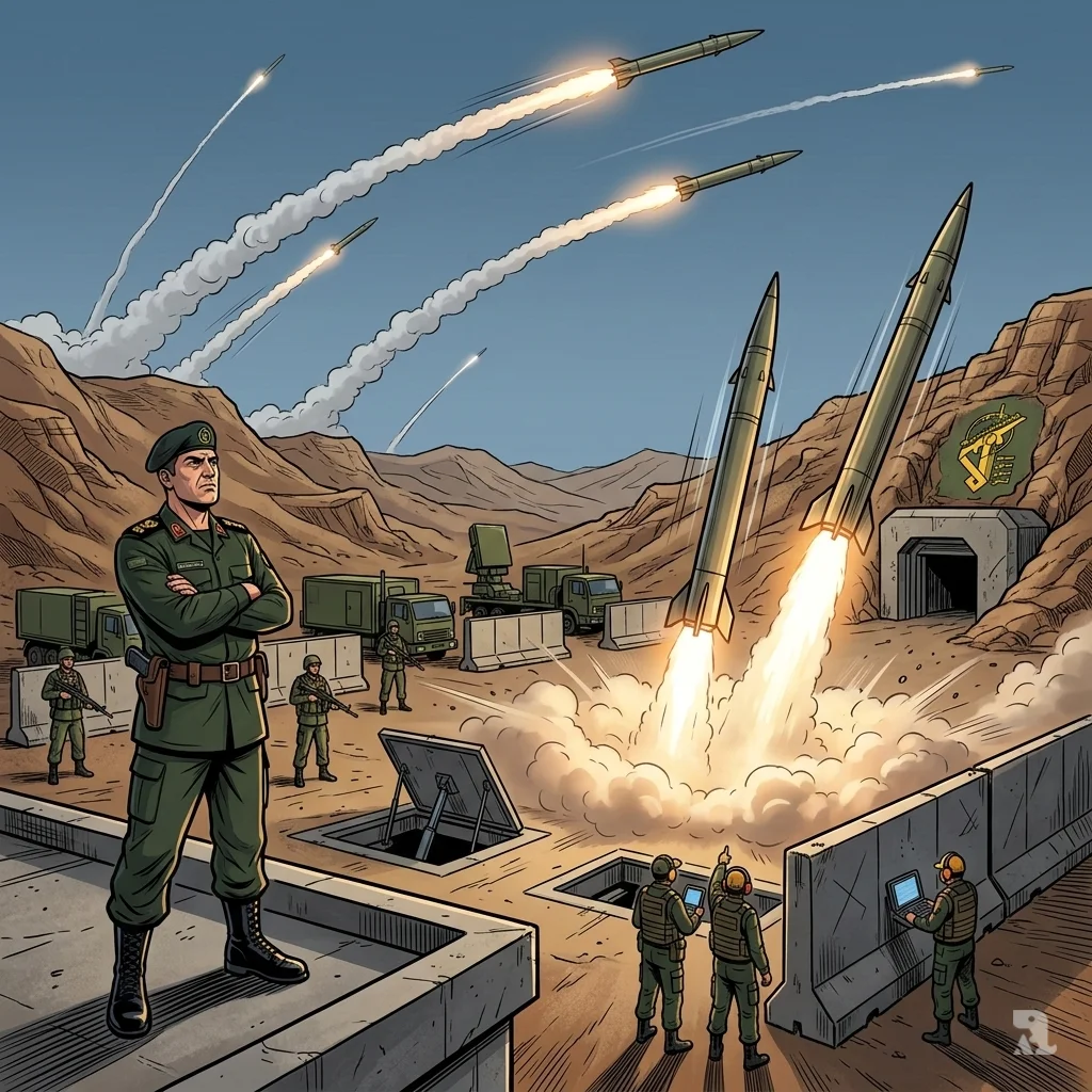 Low-angle view of multiple ballistic missiles launching from an Iranian military site. IRGC commander and personnel watch the missiles ascend in retaliation for earlier strikes.