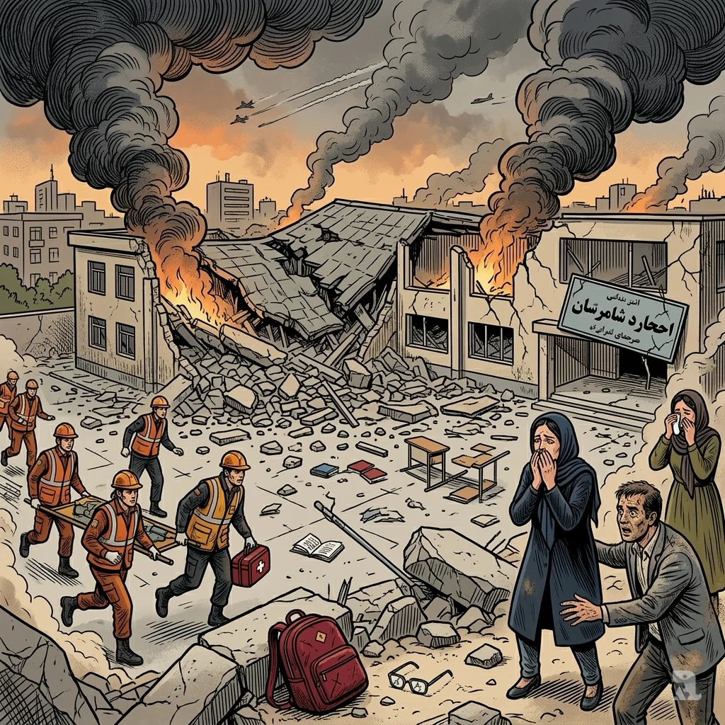The aftermath of a U.S. military strike in Iran shows a collapsed school building with thick black smoke billowing into the sky. Emergency responders in orange vests rush toward the rubble as civilians grieve nearby, with a child's abandoned backpack and glasses in the dusty foreground.