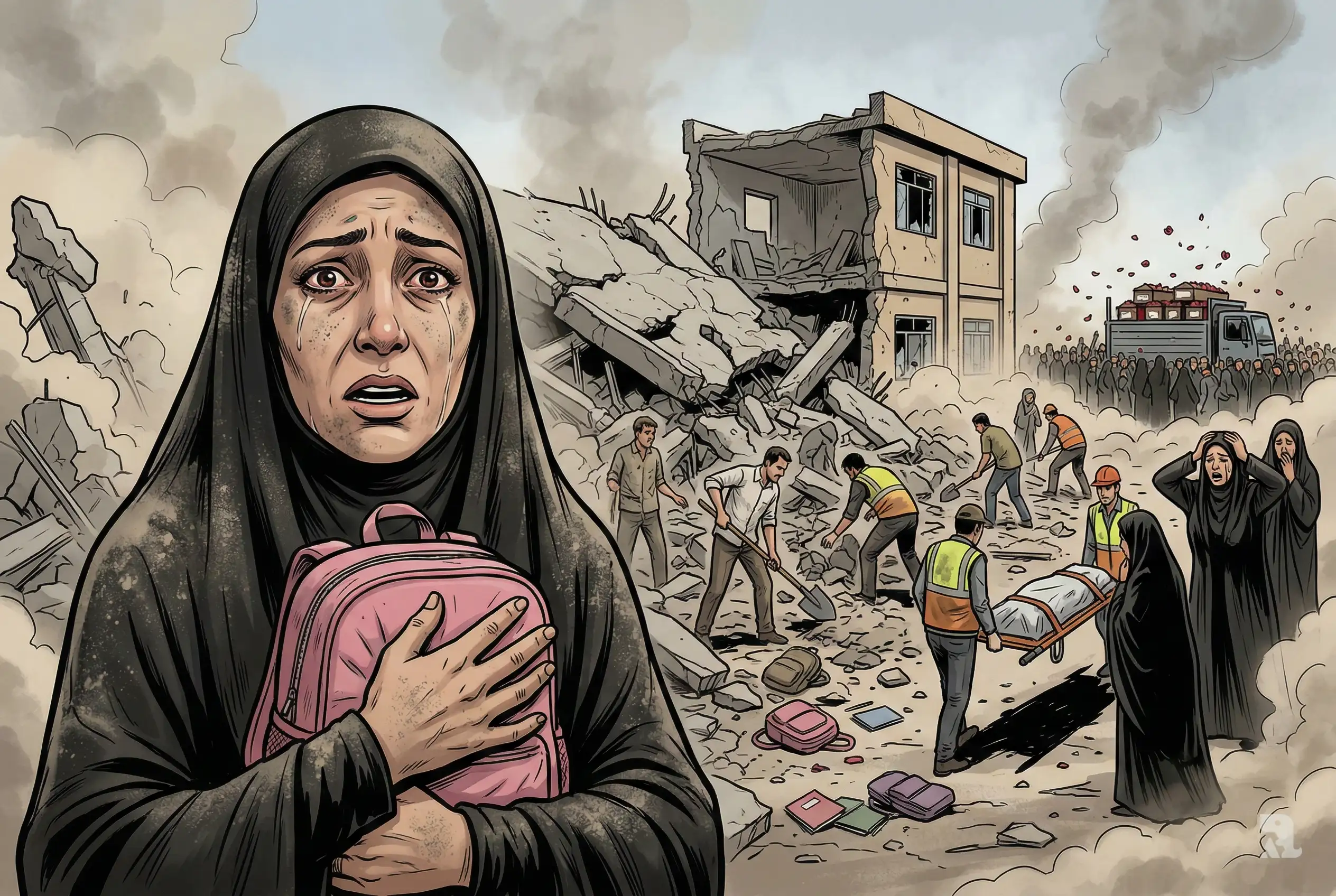 Grieving Iranian mother holding a child's backpack in front of destroyed school after deadly airstrike in Minab Iran with rescue workers searching rubble and funeral coffins in background.