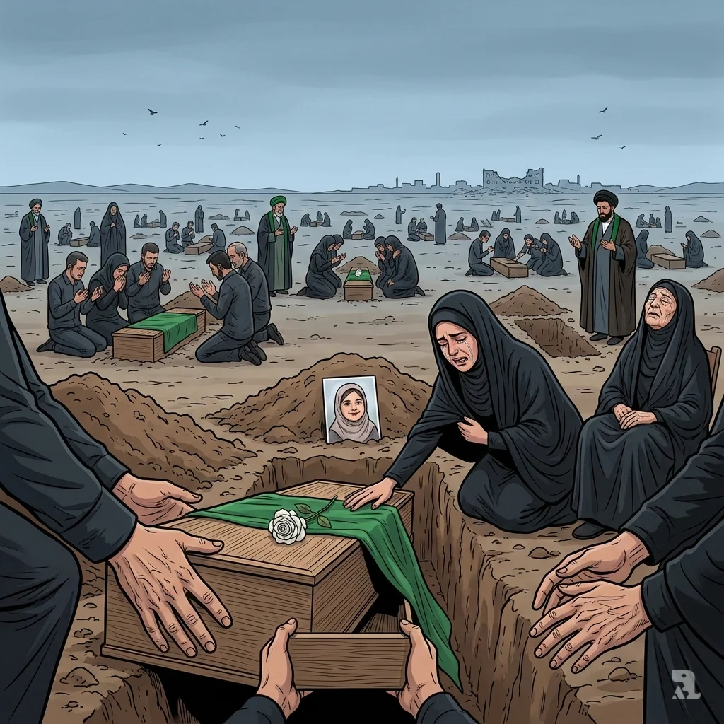 At the cemetery, coffins are lowered into graves as crowds pray. Intentionally attacking a school is a war crime, but the US and Israel did not directly address the strike.