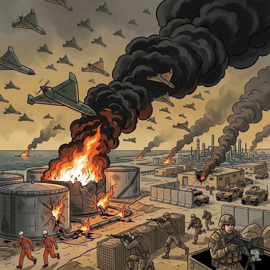 Waves of Iranian Shahed-136 drones strike a burning oil refinery and US military base, illustrating their low-cost swarm attack strategy.