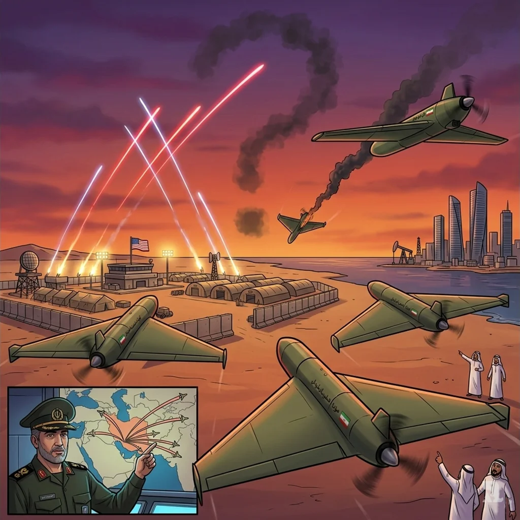 Over-shoulder drone swarm view of Iranian Shahed-136 kamikaze units approaching U.S. desert base under anti-aircraft tracers; Gulf city skyline threatened, inset command officer maps trajectories, dusk sky with smoke question mark symbolizing prolonged Iran-U.S. conflict uncertainty.