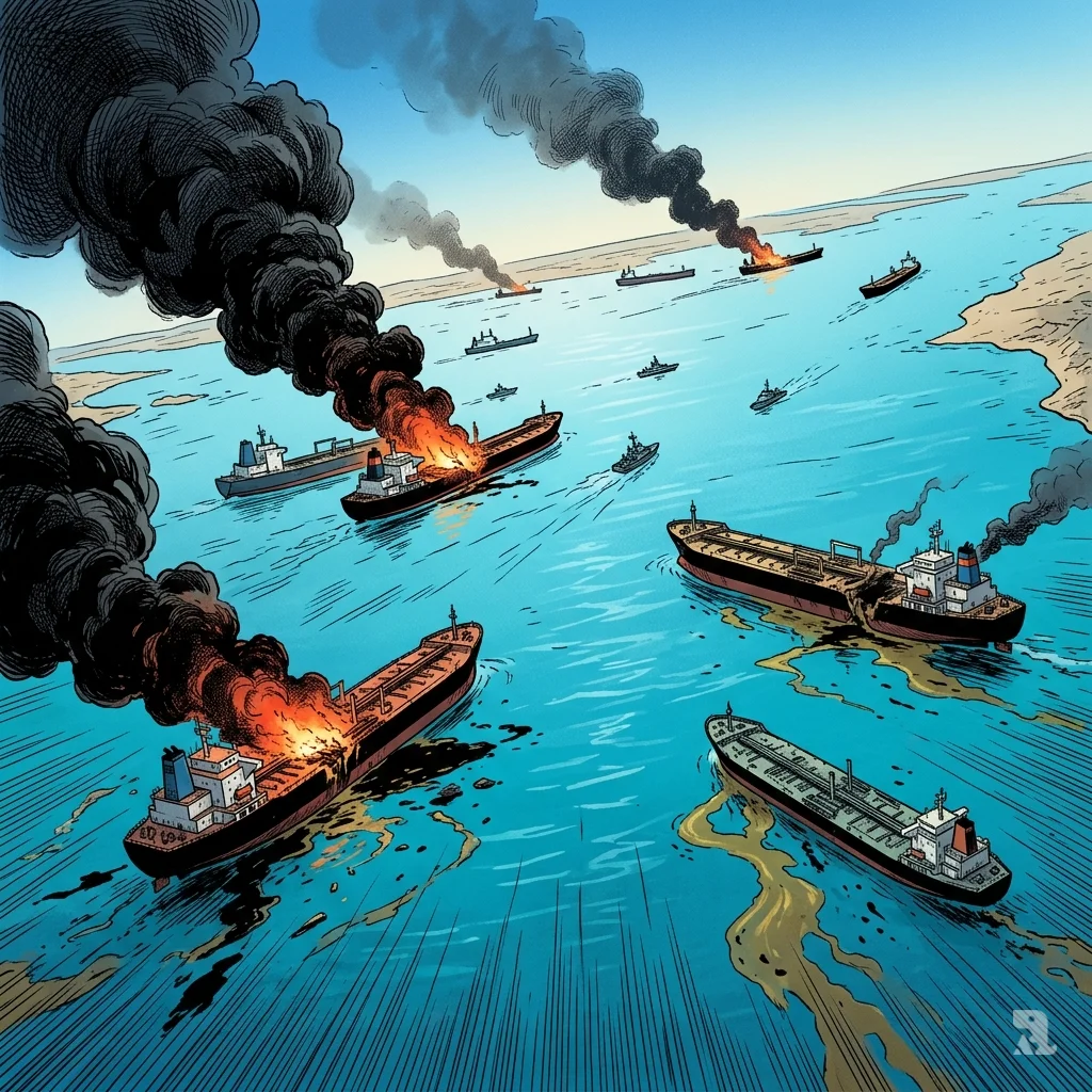 Aerial view of the Strait of Hormuz with multiple burning oil tankers, thick black smoke rising over the turquoise water, disrupting the global oil supply.