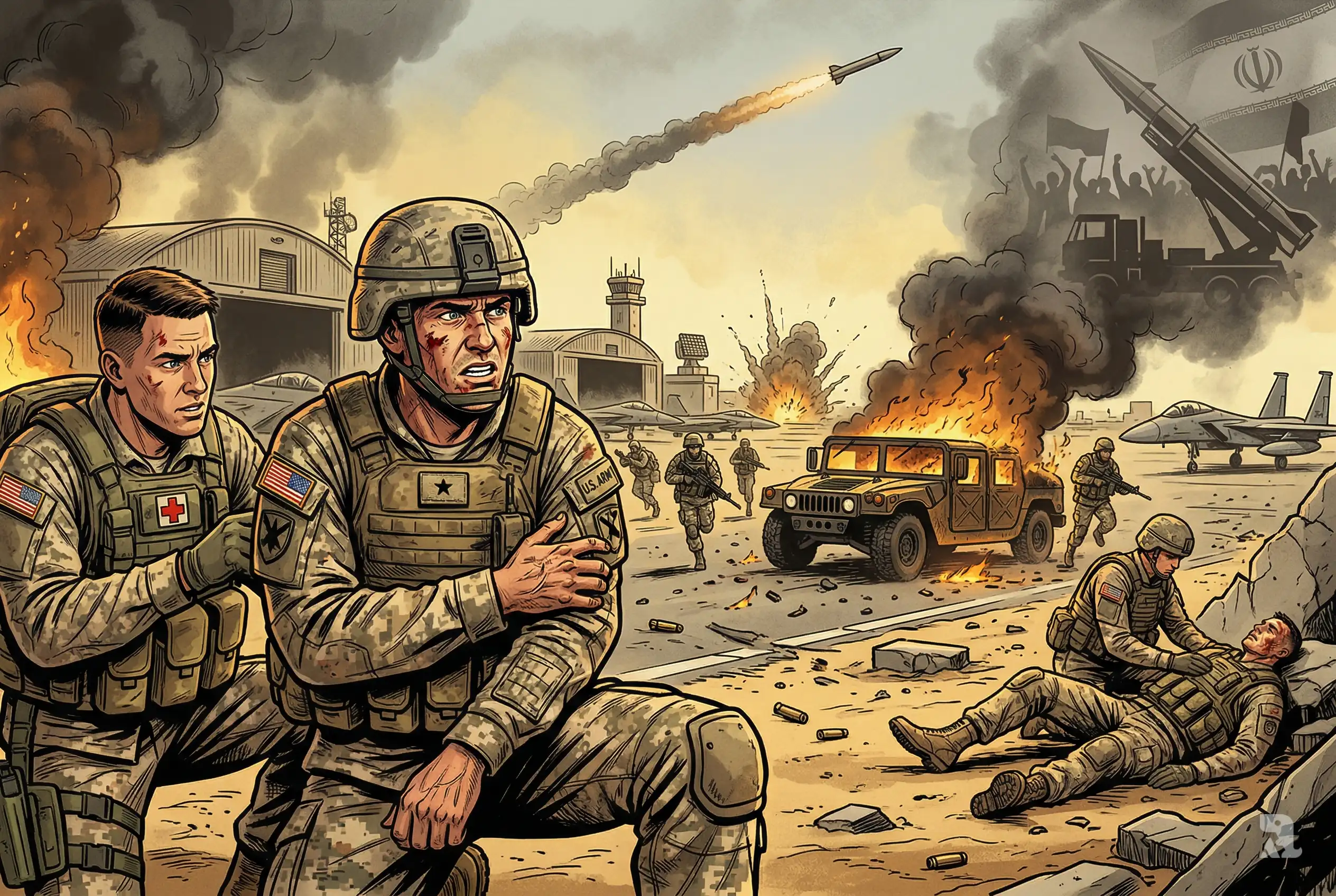 Wounded U.S. soldier at Prince Sultan Air Base after Iranian missile strike, explosions, smoke, and chaos showing injured troops and escalating Middle East conflict tension.