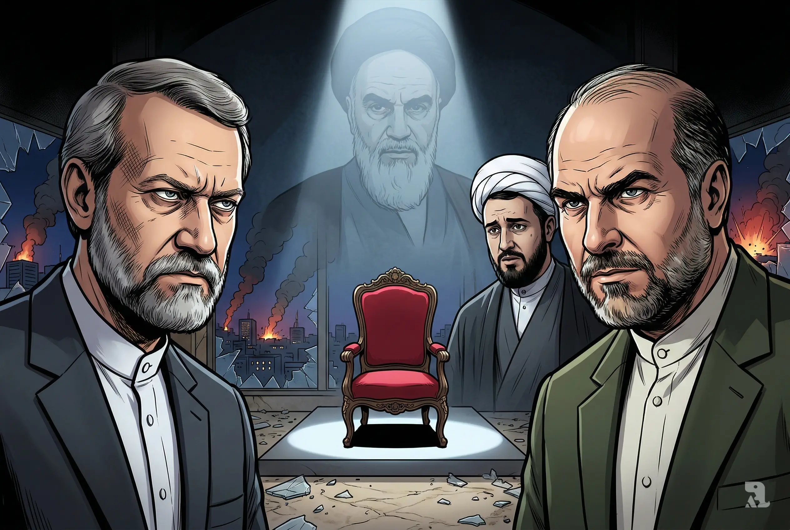 Close-up of Iranian political contenders standing beside an empty Supreme Leader chair inside a dark Tehran chamber, with explosions and smoke rising over the city skyline behind them, symbolizing a power vacuum and looming military takeover.