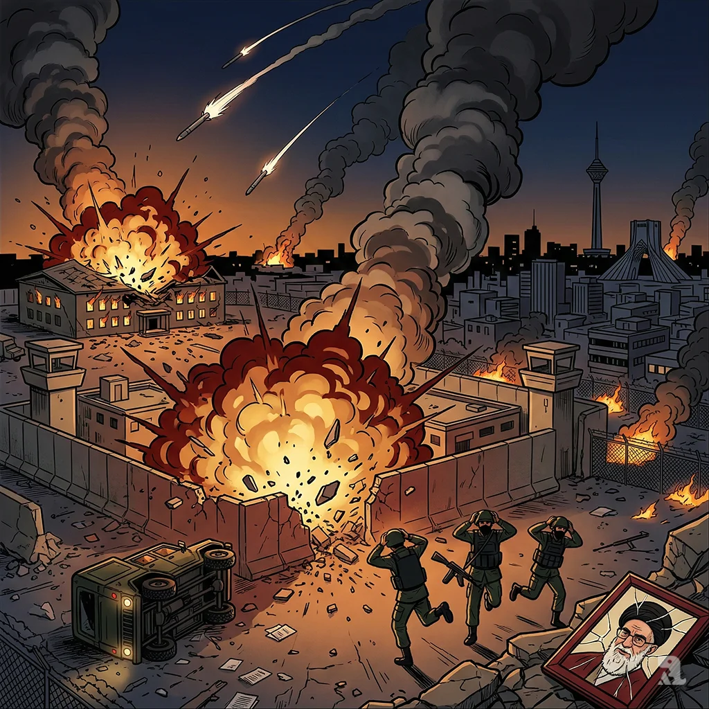 Simultaneous U.S. and Israeli airstrikes hit Tehran at night, engulfing military compounds in massive fireballs. Three IRGC guards flee in panic as a shattered portrait of Ayatollah Khamenei lies on the rubble.