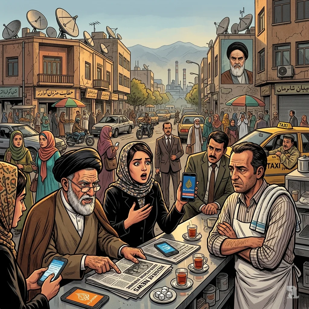 Iranian citizens gather at a street cafe in Tehran, looking at smartphones and newspapers with anxious expressions.