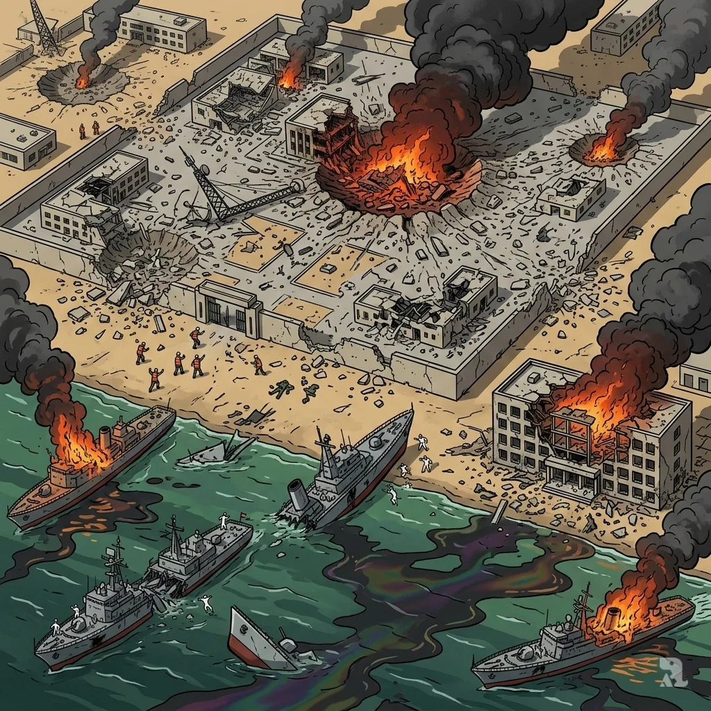 Aerial view of devastating destruction in Tehran, showing a government compound in rubble with massive smoke plumes and nine Iranian warships sinking and burning in the Gulf.