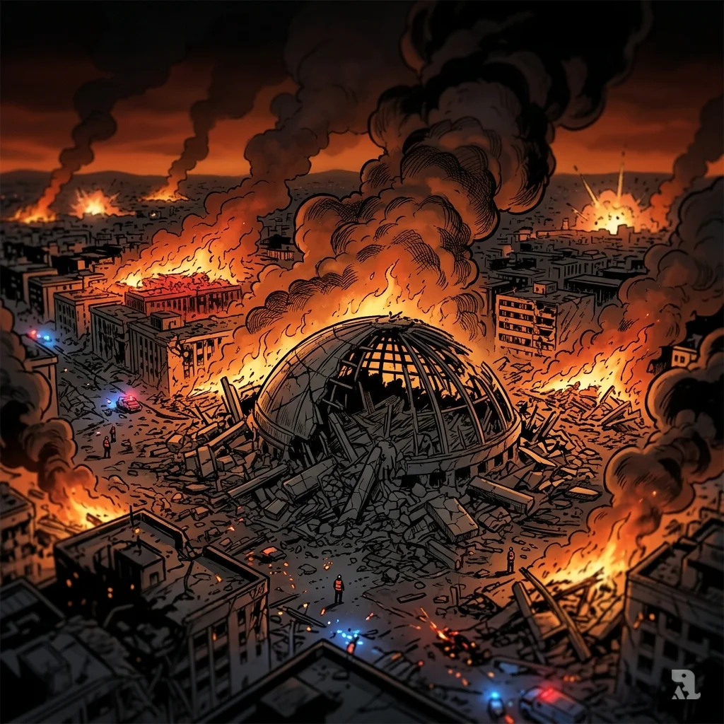 Aerial view of Tehran at night, a collapsed golden dome engulfed in flames amid widespread destruction and rubble.
