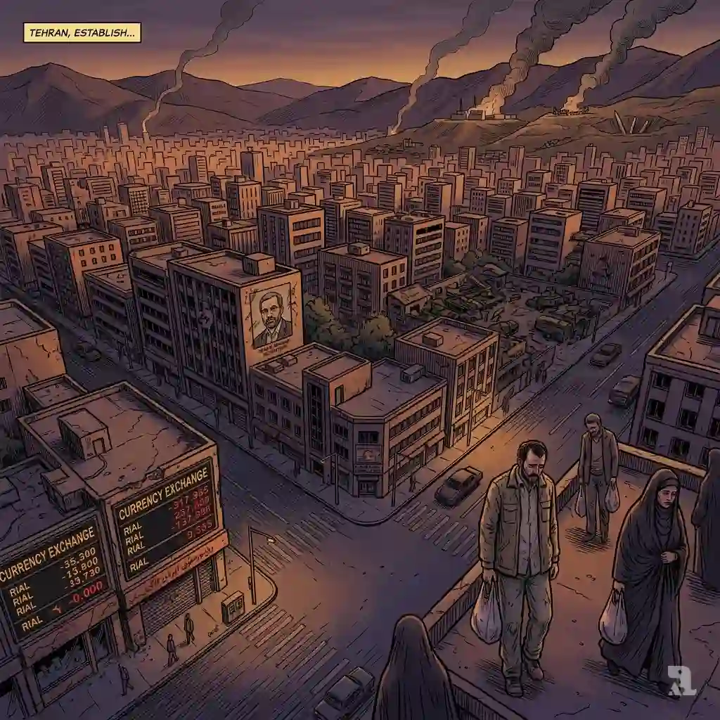 Aerial view of Tehran at dusk showing economic exhaustion. Crumbling currency exchange boards display plunging rial values. Smoke rises from military installations hit by airstrikes. Iranian civilians in worn clothing walk with their heads down, carrying empty shopping bags, their expressions ones of quiet grief and resignation.