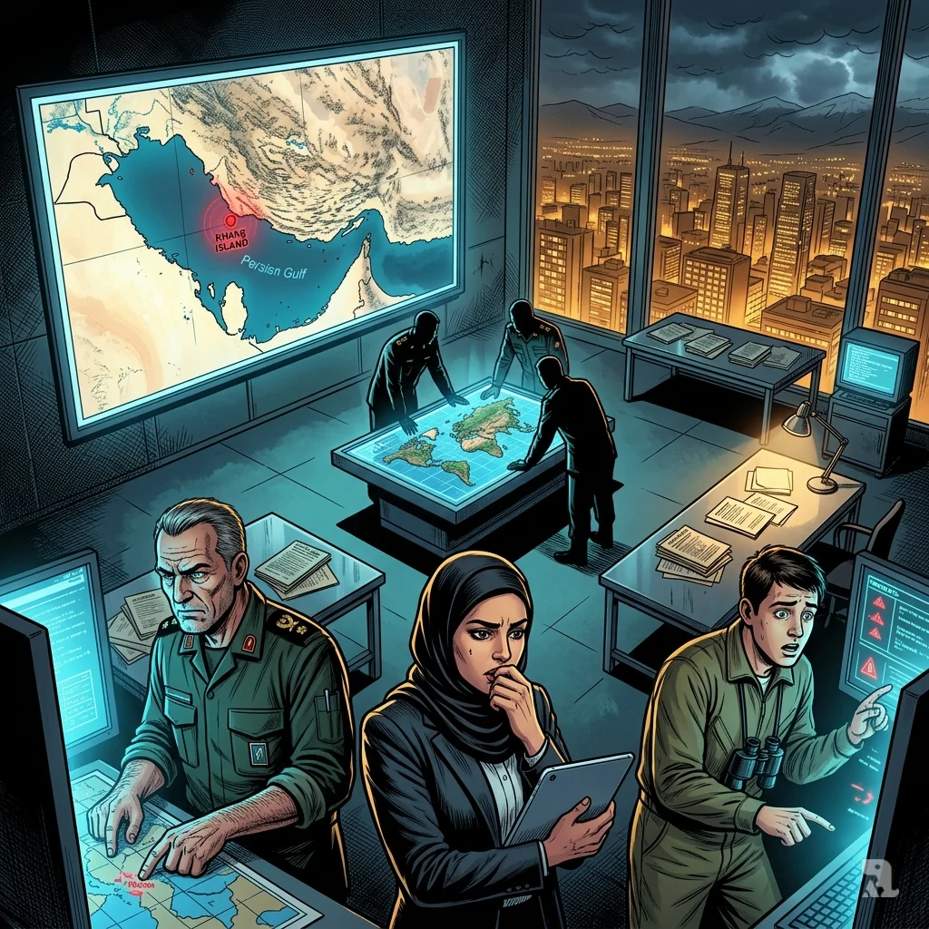 Iranian intelligence officers study a glowing map of the Persian Gulf with Kharg Island marked red in a tense Tehran briefing room.