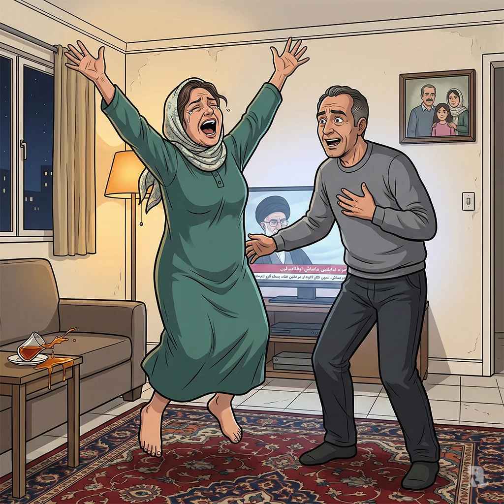In a Tehran apartment, a 53-year-old Iranian woman named Sara jumps in the air and screams in joy after hearing news of Ayatollah Khamenei's death on television. Her husband reacts in shock, their tea spilled on the table.