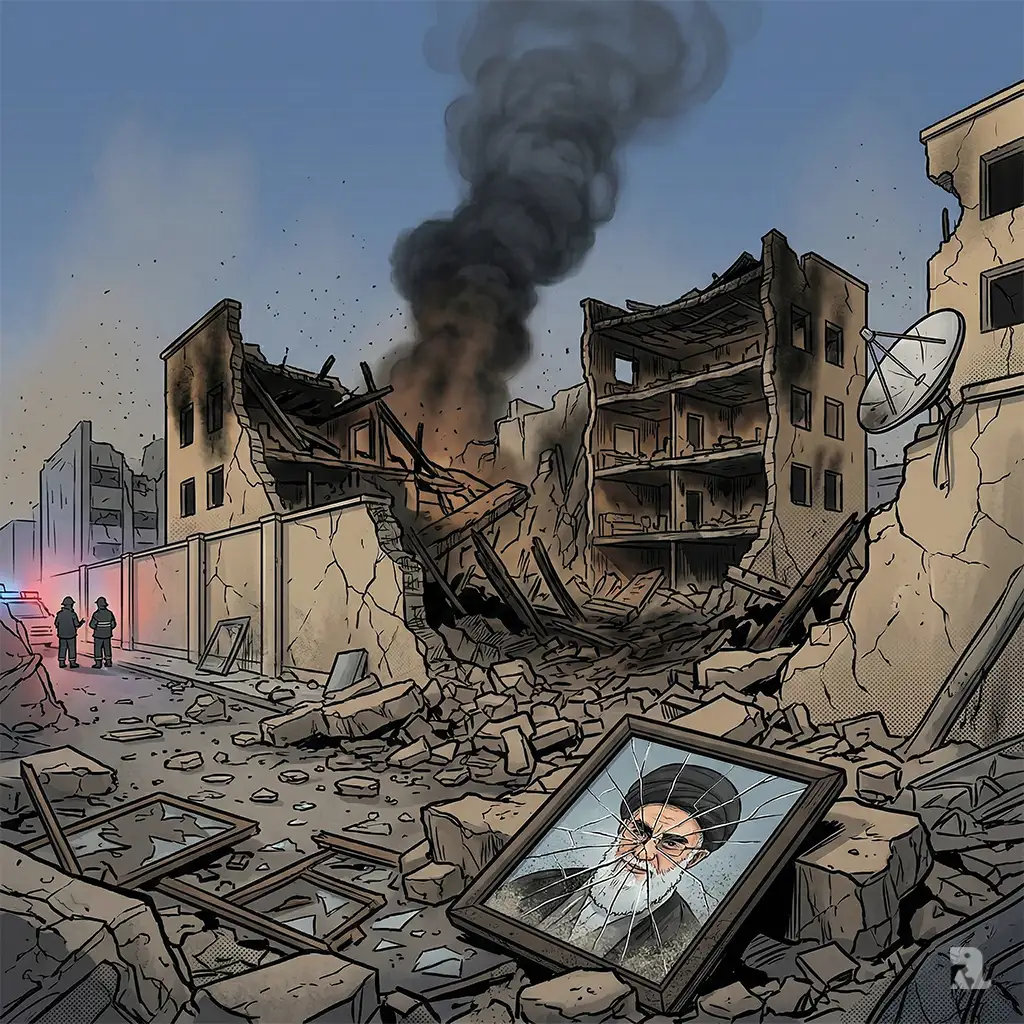 Destroyed Leadership House compound in Tehran after airstrike. Rubble and smoke rise from the site where Supreme Leader Ayatollah Ali Khamenei was killed. A shattered portrait of Khamenei lies on the ground in the foreground.