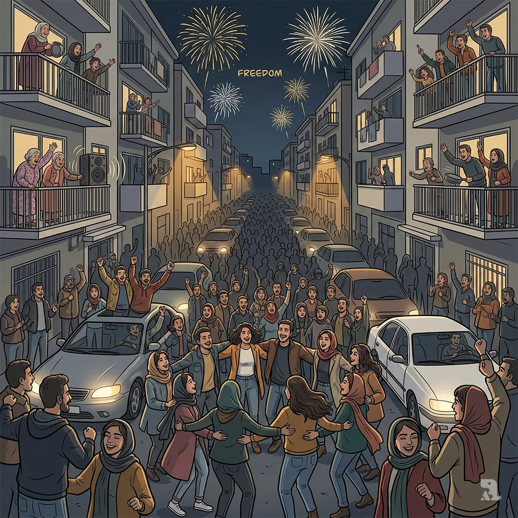 Large crowds fill a Tehran street at night to celebrate the death of Supreme Leader Khamenei. People dance, fireworks explode overhead, and residents cheer from apartment balconies.
