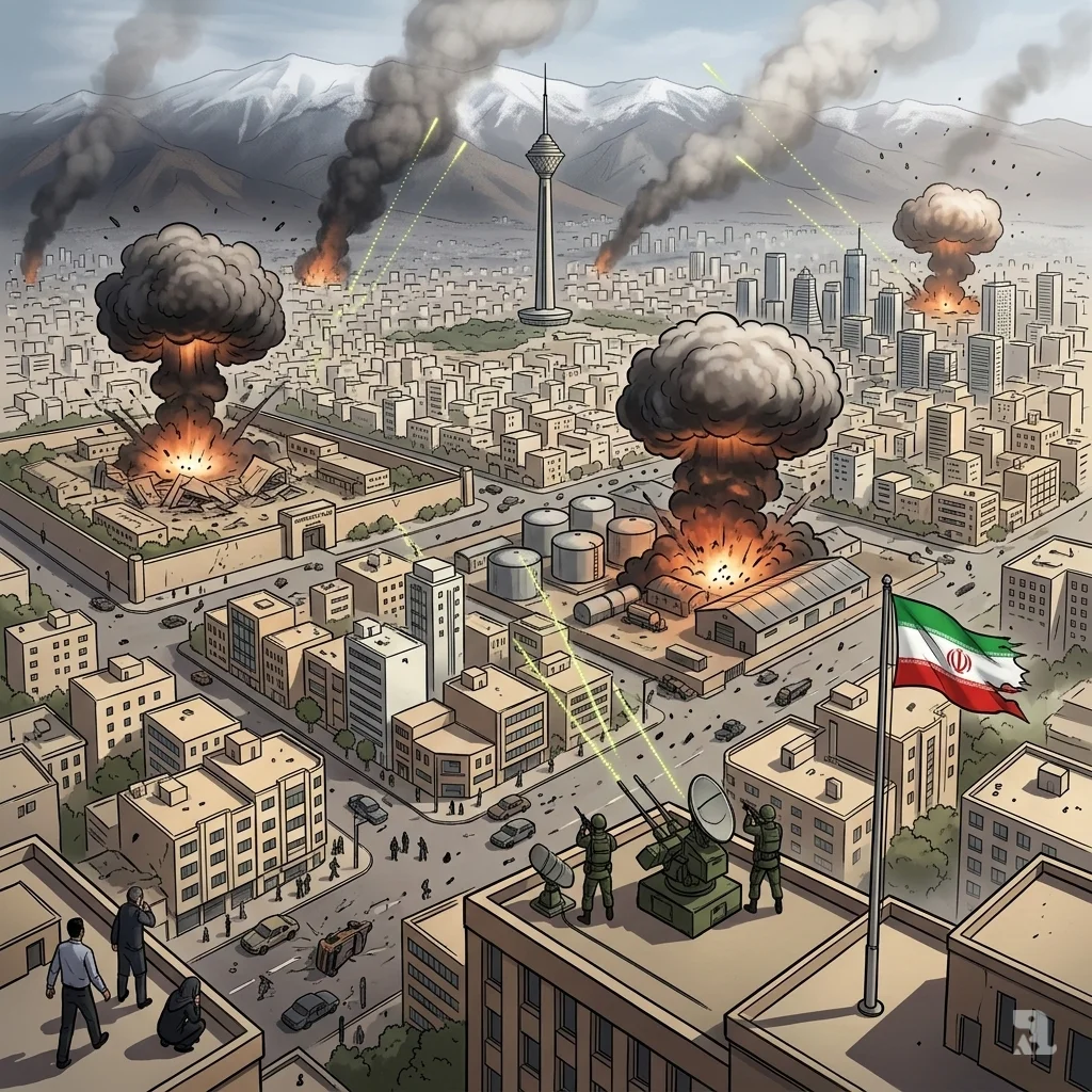 Aerial view of Tehran, Iran with smoke rising from multiple U.S.-Israeli strike impact zones across the city. Anti-aircraft tracer fire streaks upward from military positions.